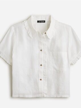 J.Crew White linen Ruffle Collar Button-Front Shirt